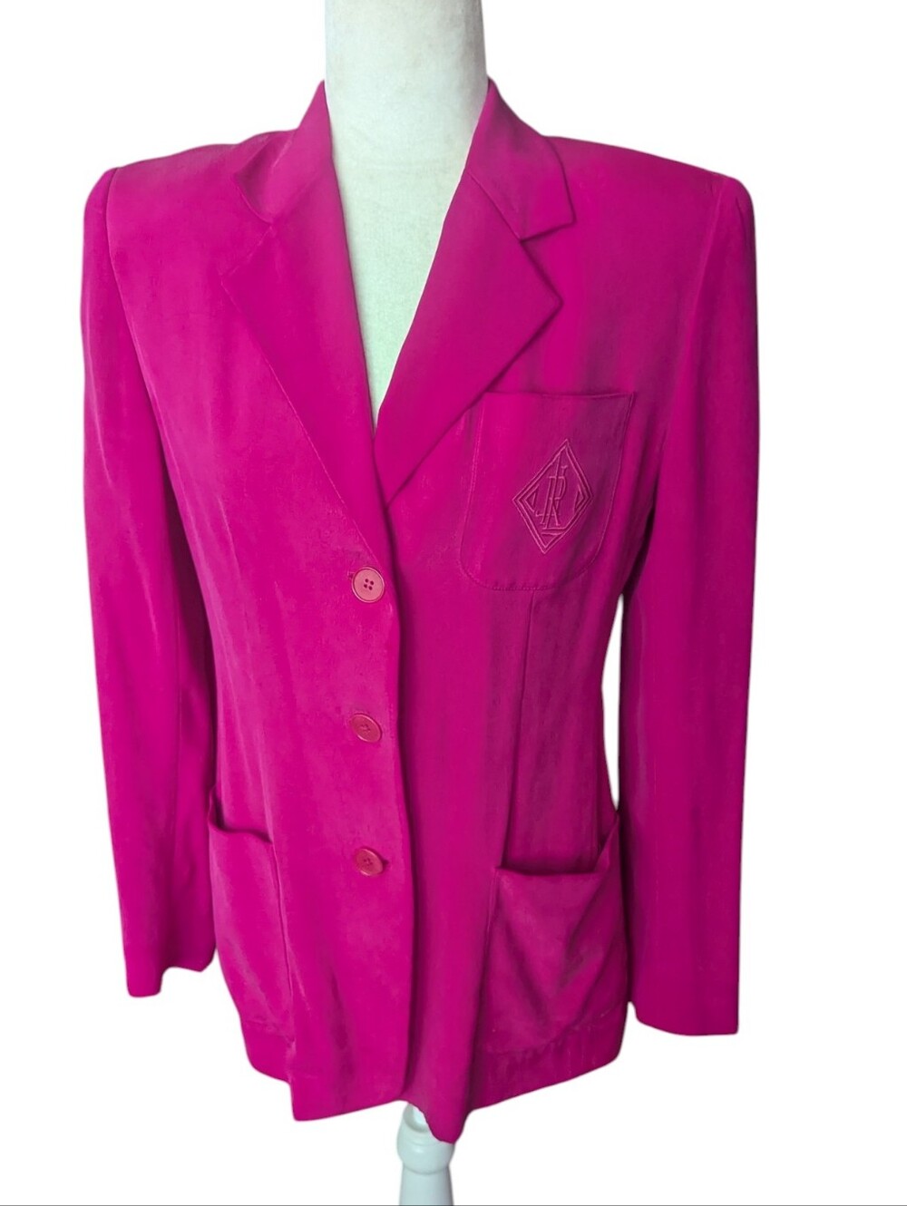 Lauren Ralph Lauren fuschia pink 100% silk crested pocket long blazer sz 6
